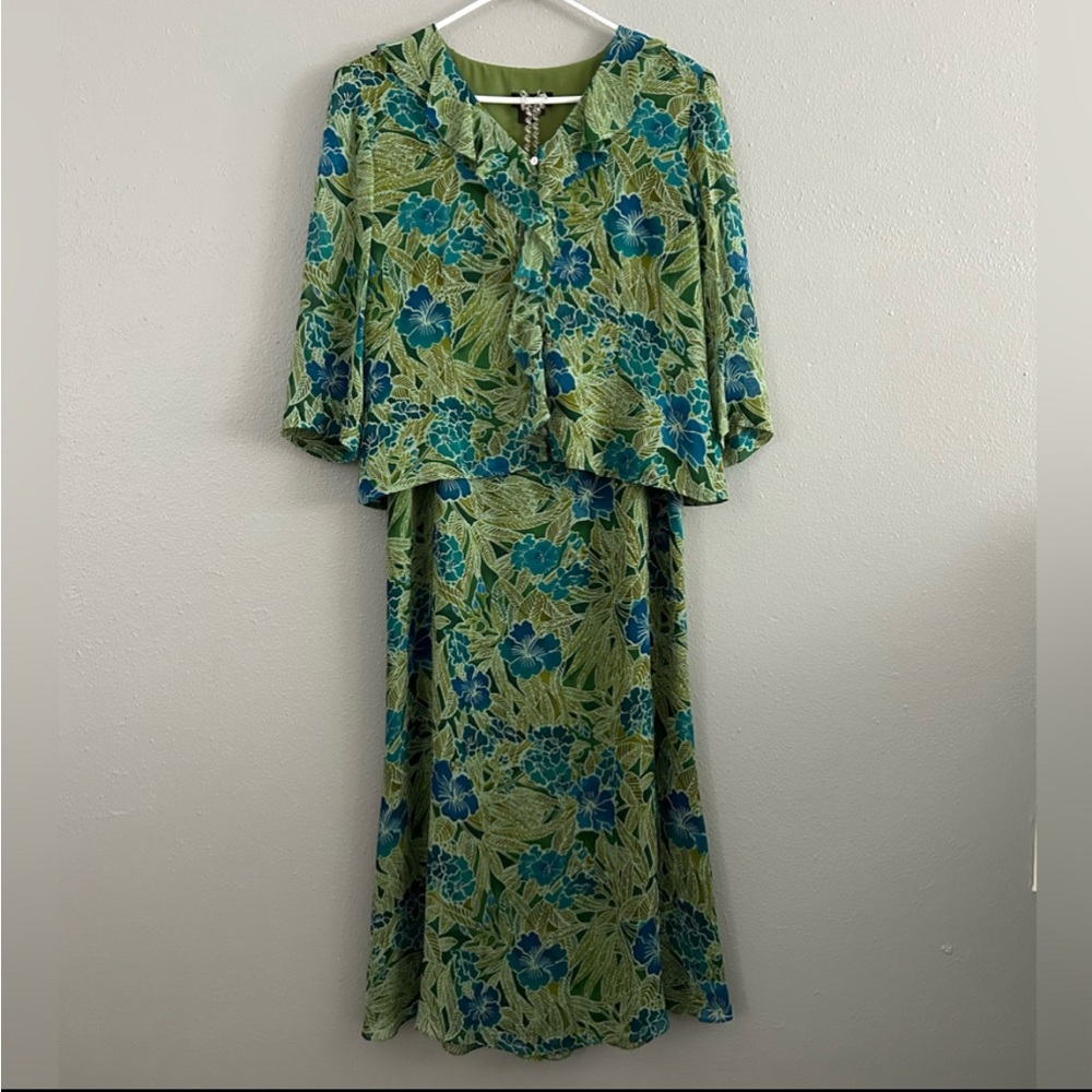 VTG Cynthia Howie 100% Silk Green Blue Floral Blouse Skirt Set Size 12 90s Boho